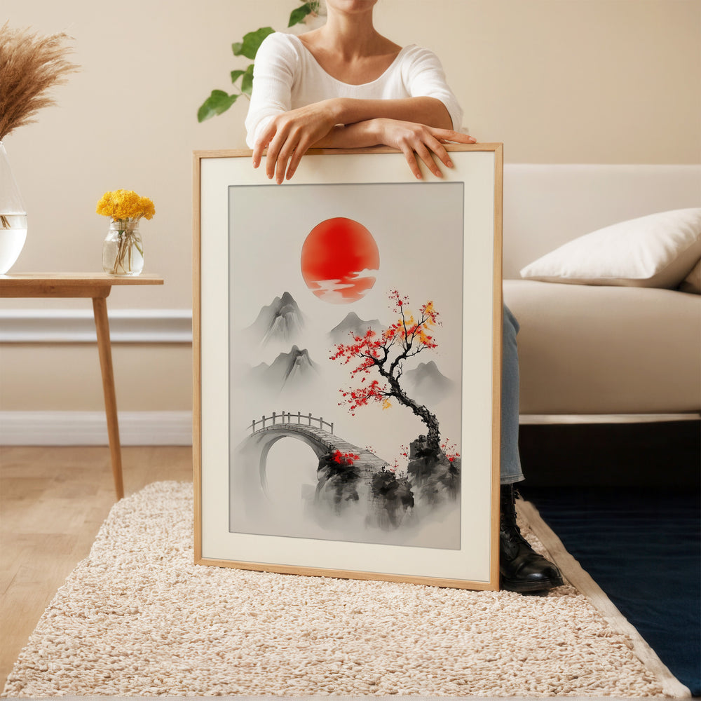 Red Sun Asian Landscape Wall Art Print