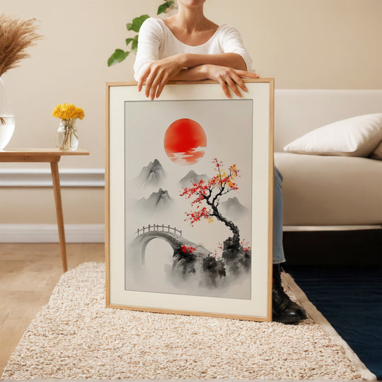 Red Sun Asian Landscape Wall Art Print