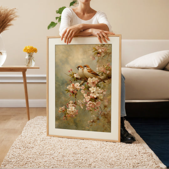 Sparrow Cherry Blossom Wall Art Print