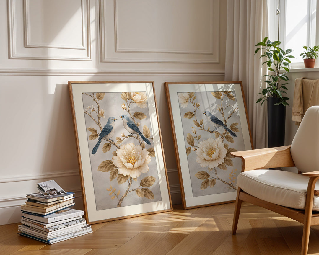 Blue Bird and Peony Wall Art Prints Set of 2