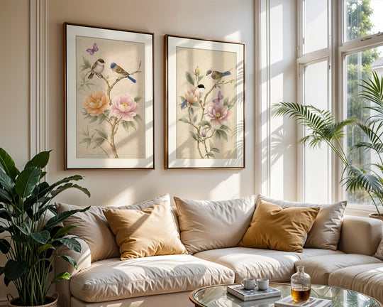 Bird and Peony Wall Art Prints Set of 2