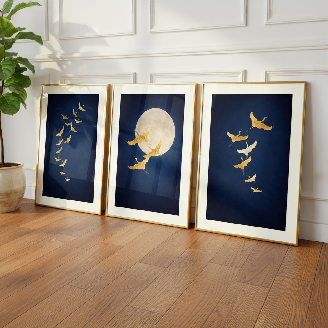 Gold Crane Wall Art Prints Set of 3