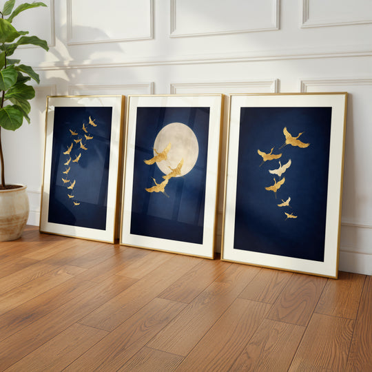 Gold Crane Wall Art Prints Set of 3