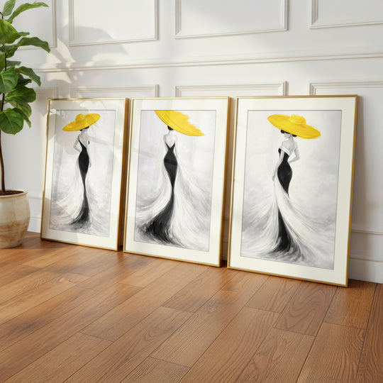 Yellow Hat Black Dress Decor Prints Set of 3