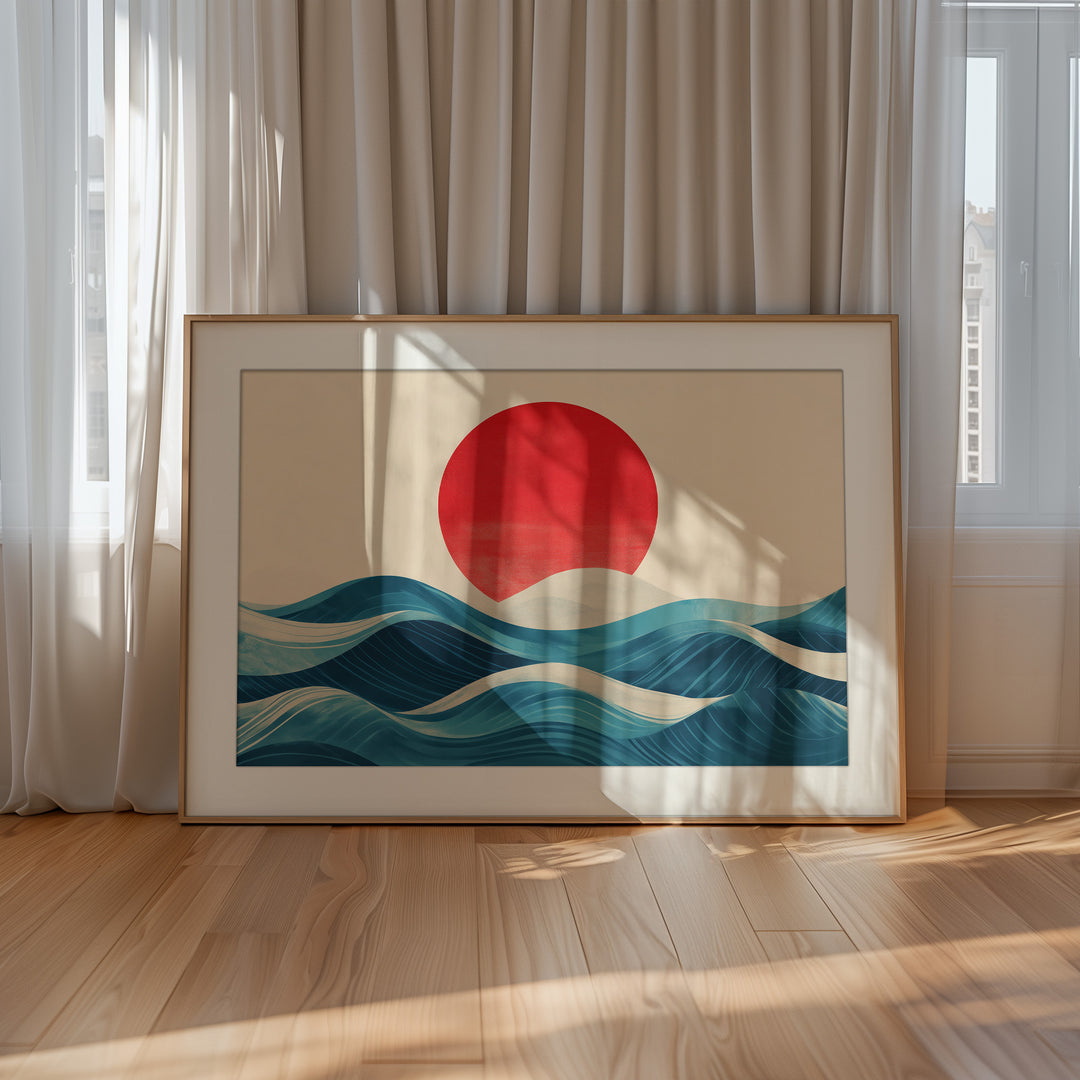 Red Sun Over Rolling Waves