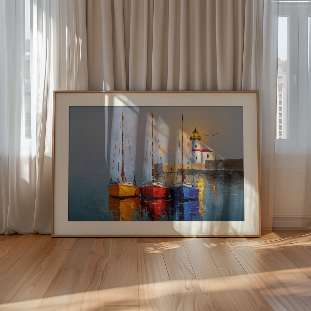 Lighthouse and sailboats wall art print