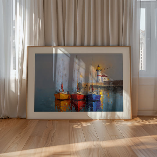 Lighthouse and sailboats wall art print
