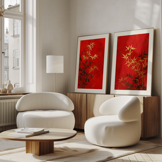 Red Bamboo Wall Art Prints Set of 2