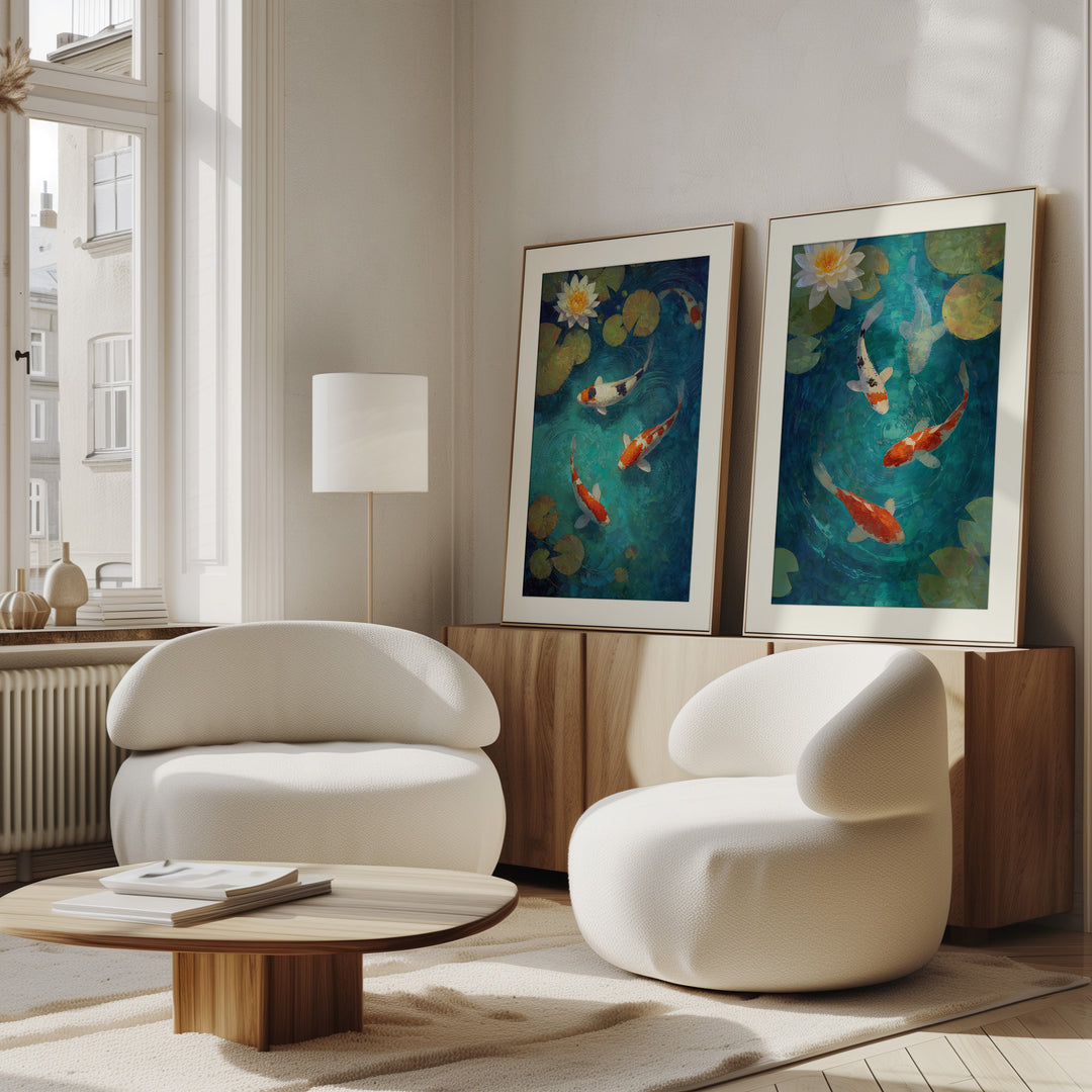 Koi Fish Pond Wall Art Prints Set of 2