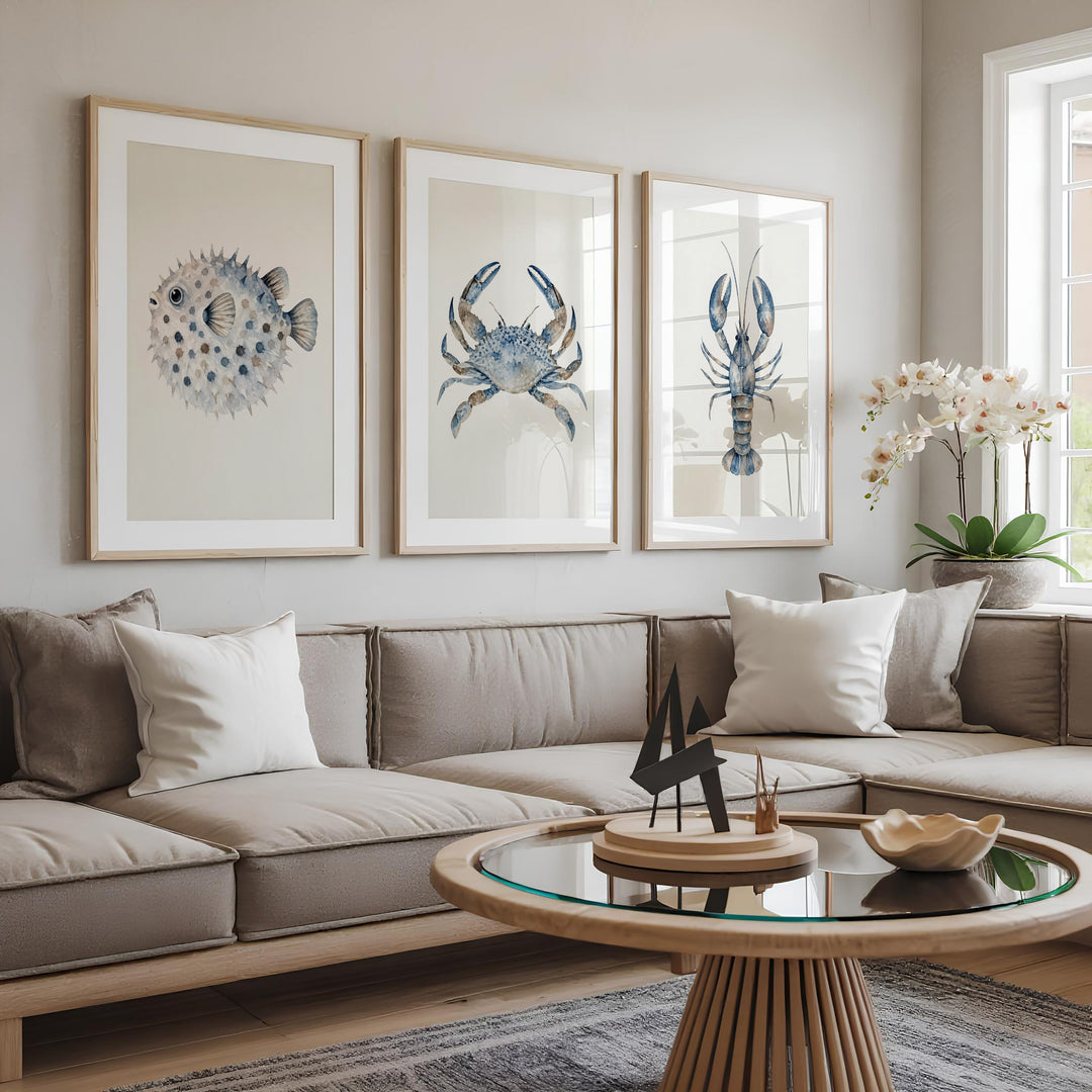 Blue Coastal Sea Life Wall Art Prints
