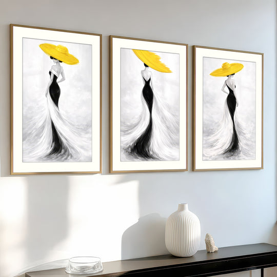 Yellow Hat Black Dress Decor Prints Set of 3