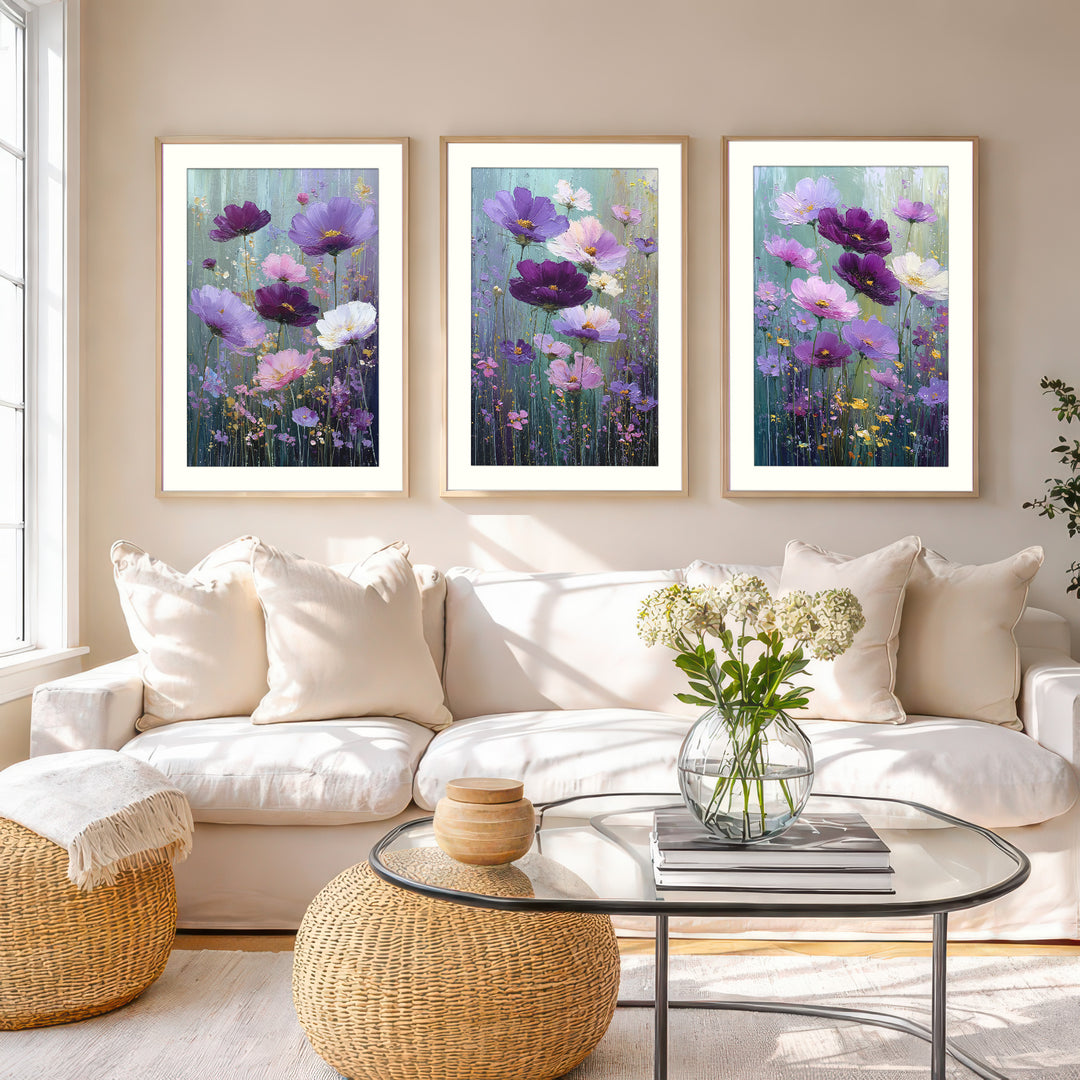 Purple Floral Wall Art Prints Set of 3