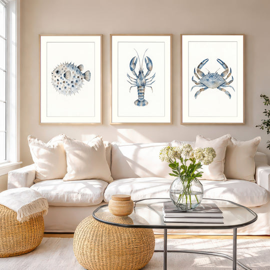 Blue Coastal Sea Life Wall Art Prints