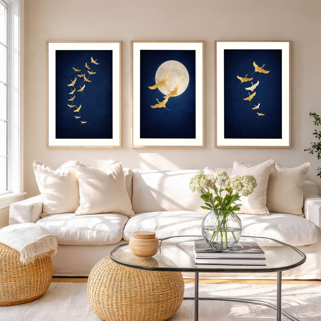 Gold Crane Wall Art Prints Set of 3