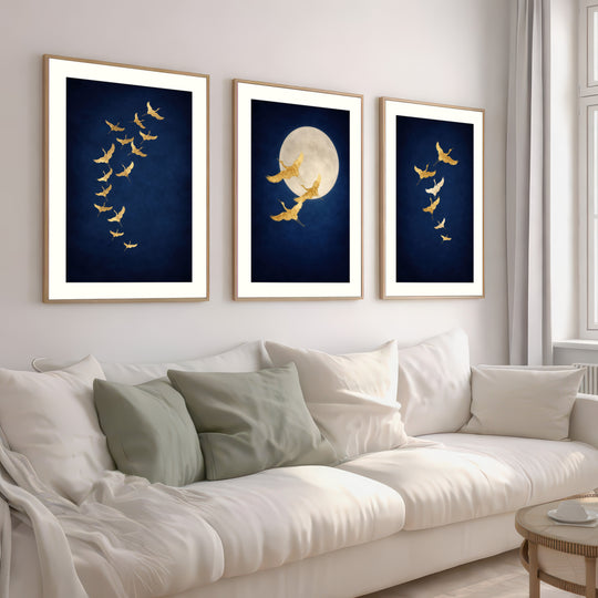 Gold Crane Wall Art Prints Set of 3