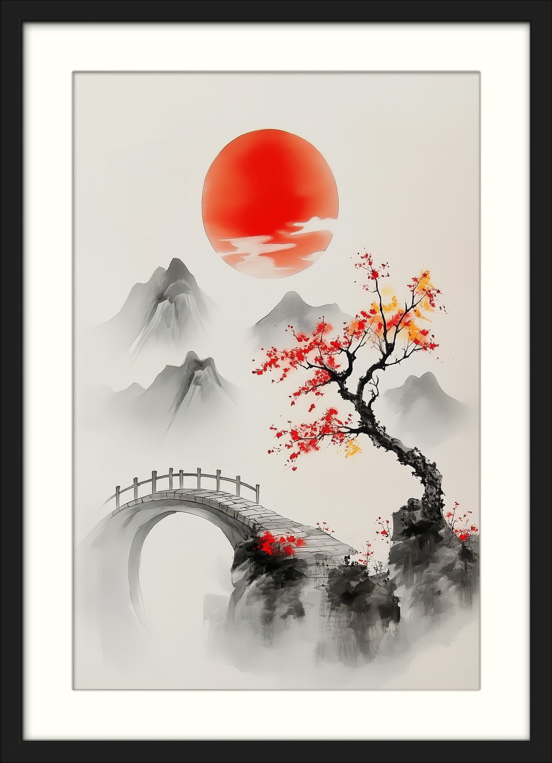 Red Sun Asian Landscape Wall Art Print