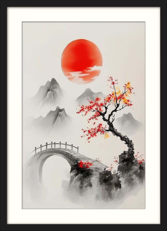 Red Sun Asian Landscape Wall Art Print