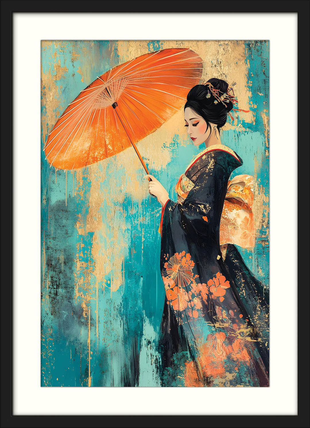 Geisha with Parasol on Teal Texture