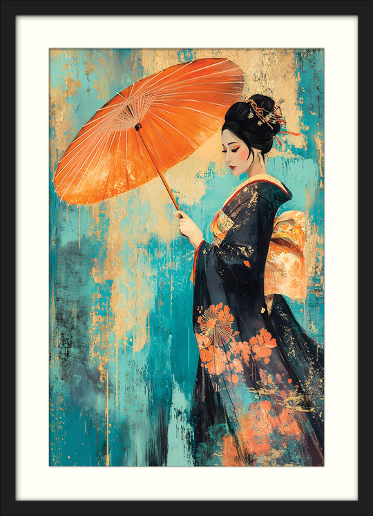 Geisha with Parasol on Teal Texture