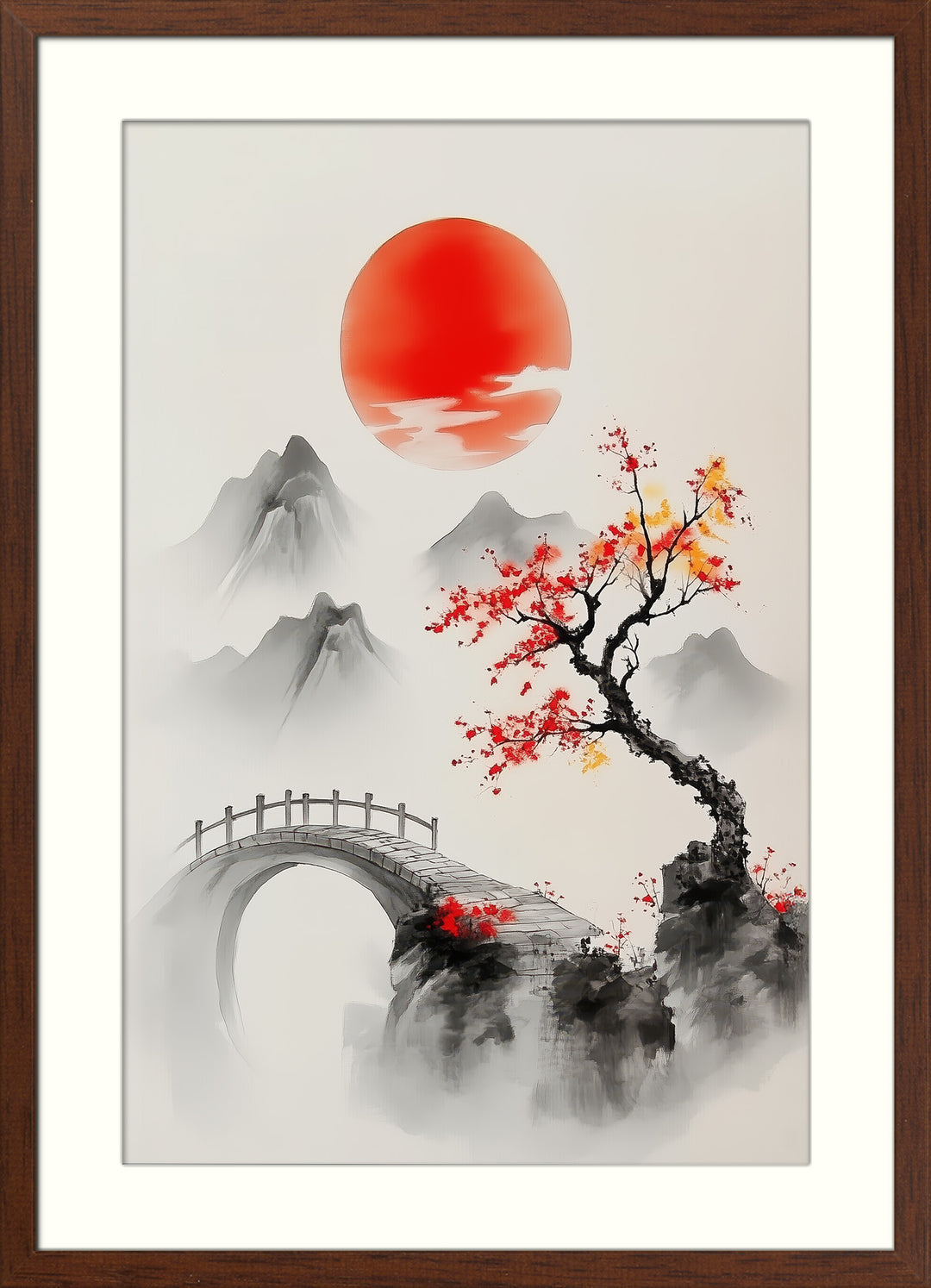Red Sun Asian Landscape Wall Art Print