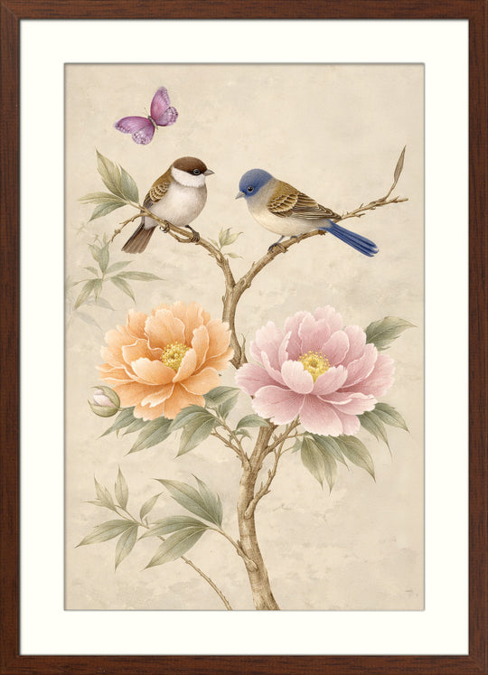 Bird and Peony Wall Art Prints Set of 2