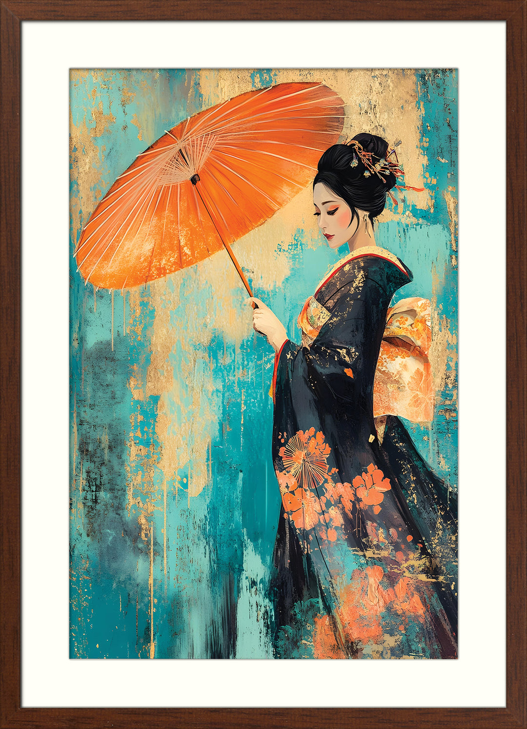 Geisha with Parasol on Teal Texture