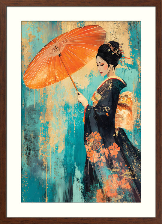 Geisha with Parasol on Teal Texture