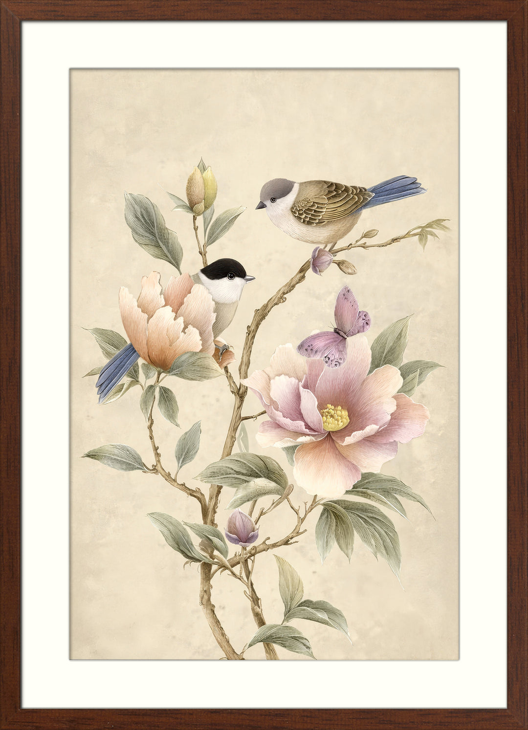 Bird and Peony Wall Art Prints Set of 2