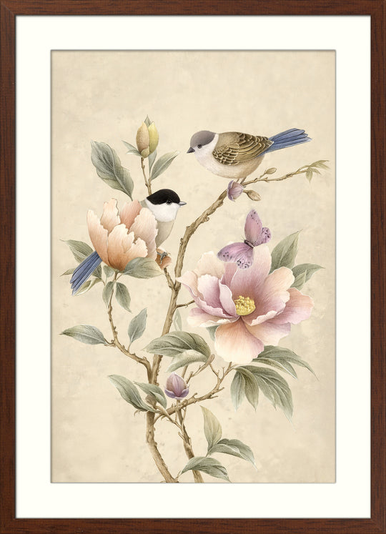 Bird and Peony Wall Art Prints Set of 2