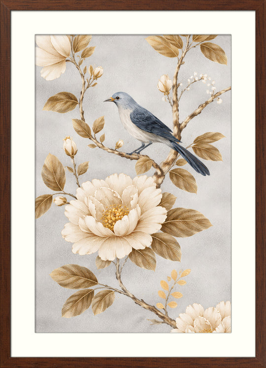 Blue Bird and Peony Wall Art Prints Set of 2