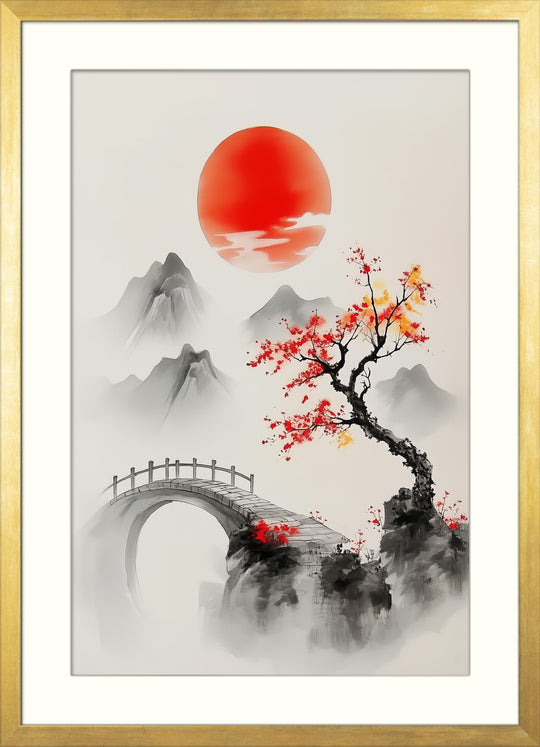 Red Sun Asian Landscape Wall Art Print