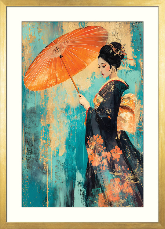 Geisha with Parasol on Teal Texture