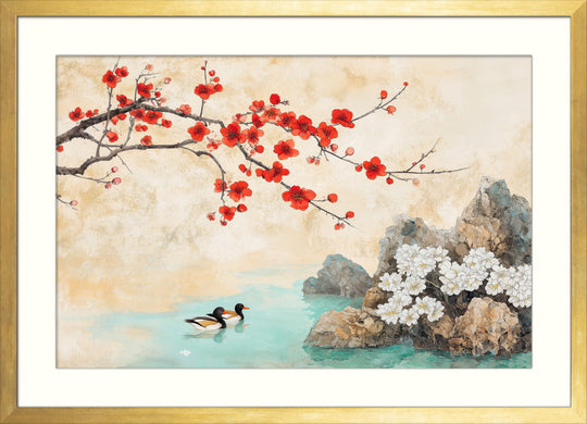 Red Cherry Blossom with Ducks
