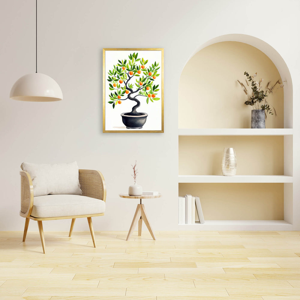 Orange bonsai art print in a gold frame above a cane chair in a neutral Scandinavian room