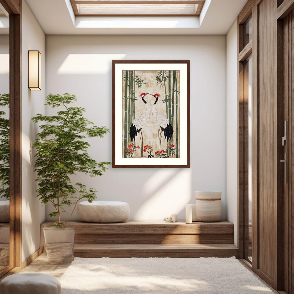 Cranes in bamboo art print, walnut frame, in a bright japandi entryway