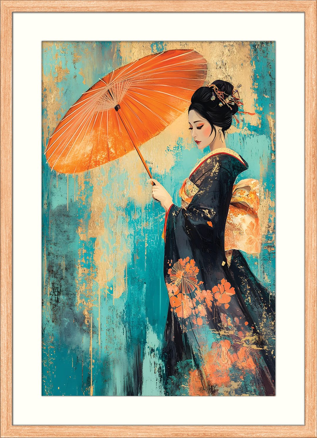 Geisha with Parasol on Teal Texture