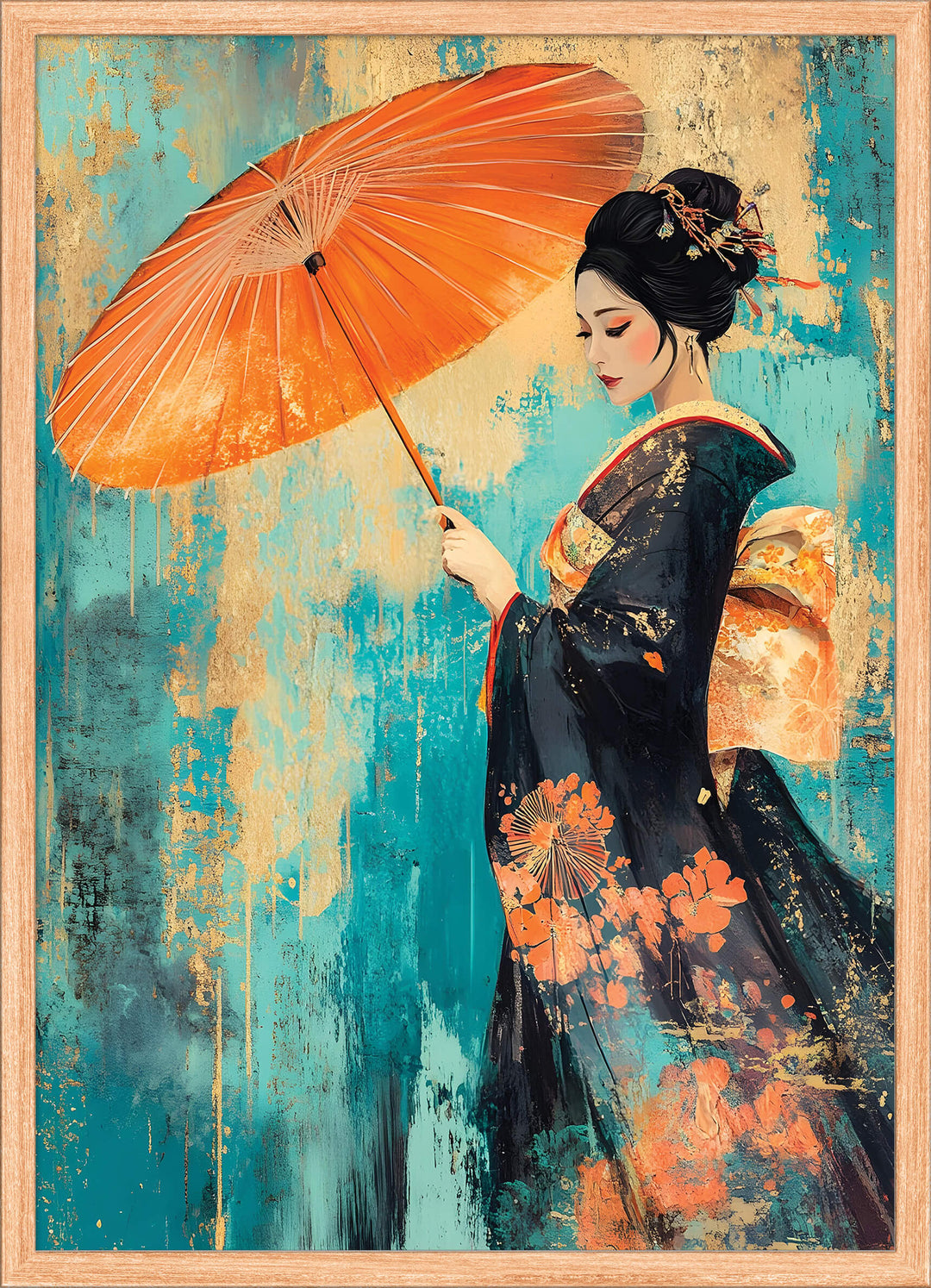 Geisha with Parasol on Teal Texture – Akorro Prints