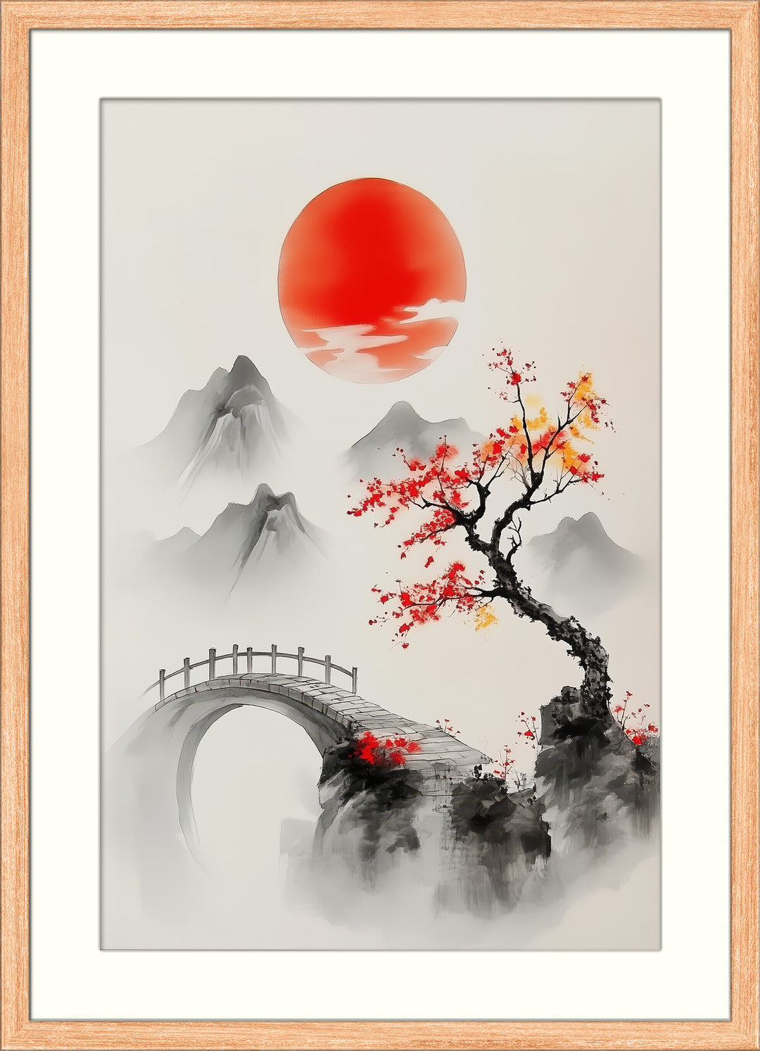 Red Sun Asian Landscape Wall Art Print