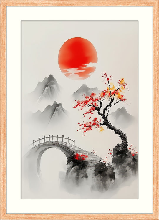 Red Sun Asian Landscape Wall Art Print