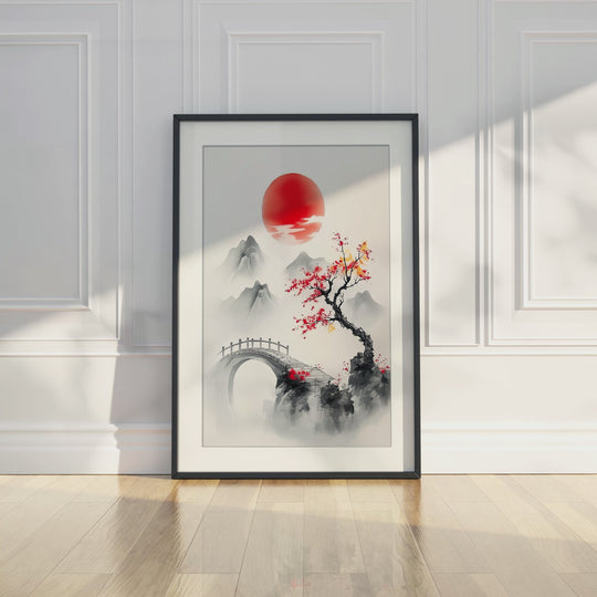 Red Sun Asian Landscape Wall Art Print