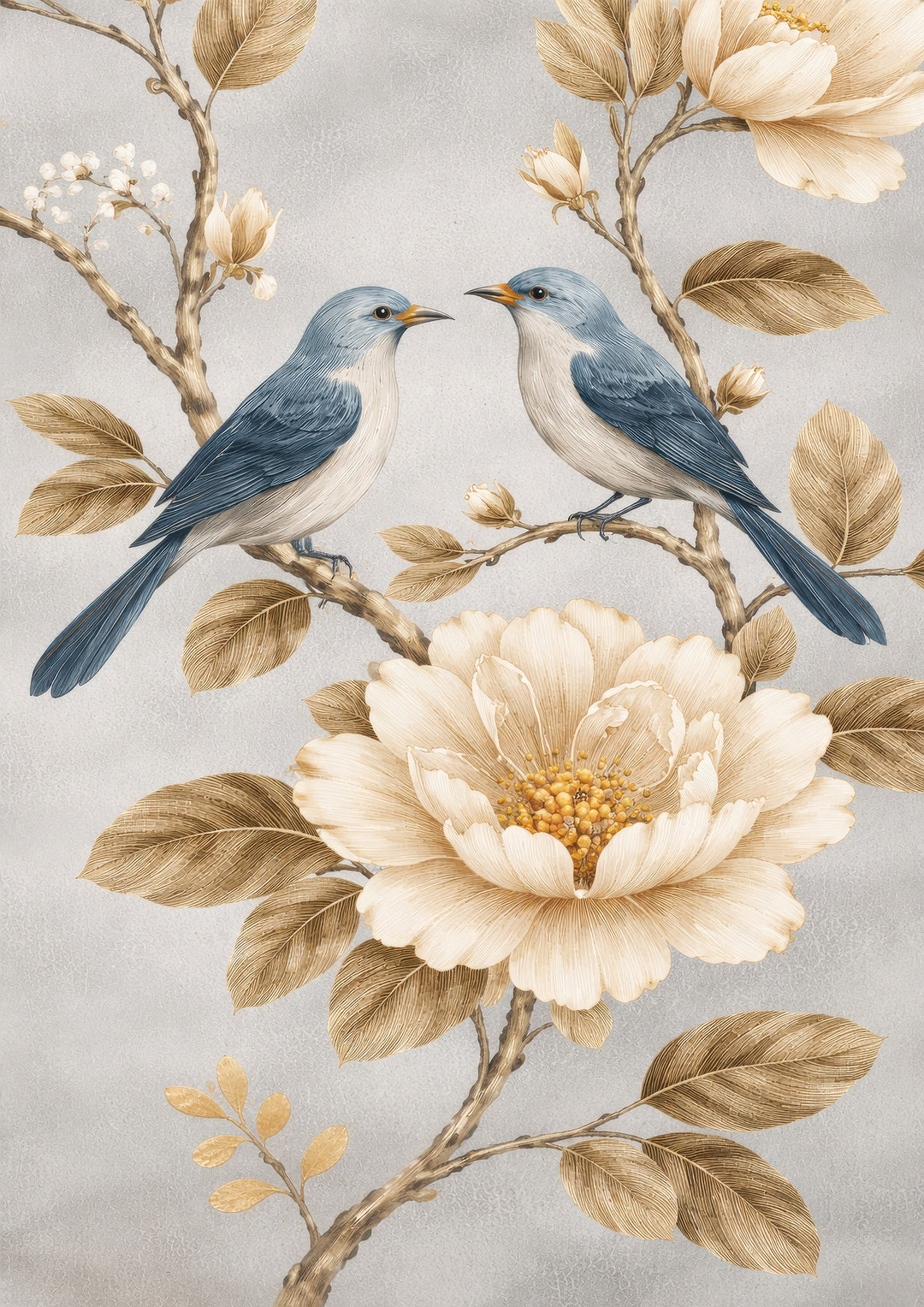 Blue Bird and Peony Wall Art Prints Set of 2