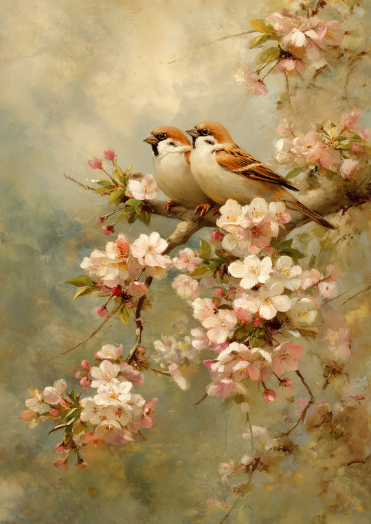 Sparrow Cherry Blossom Wall Art Print