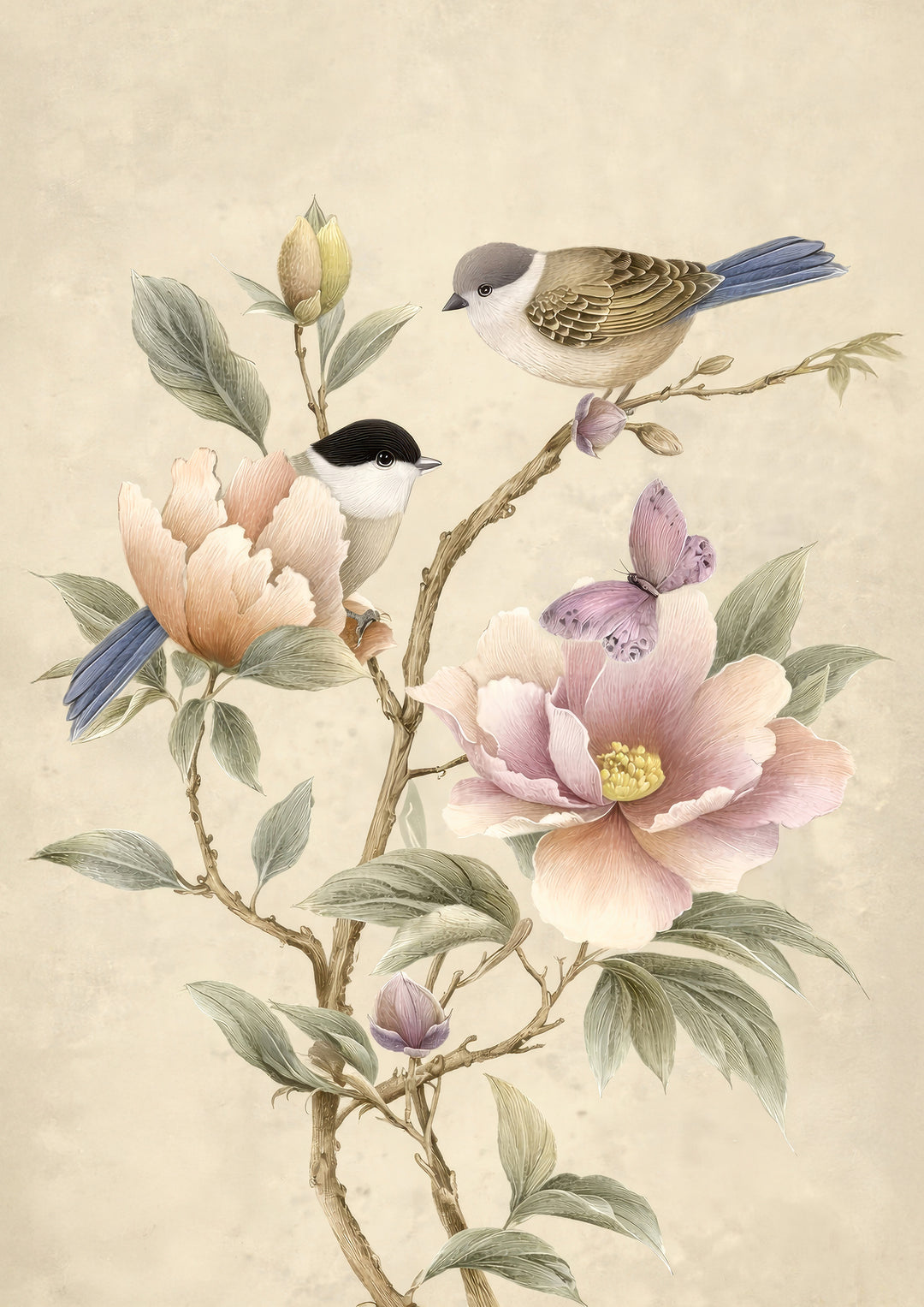 Bird and Peony Wall Art Prints Set of 2