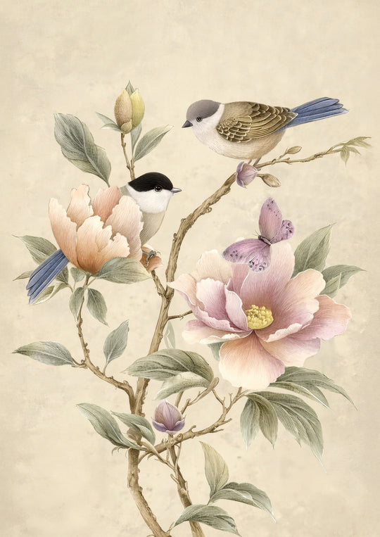 Bird and Peony Wall Art Prints Set of 2
