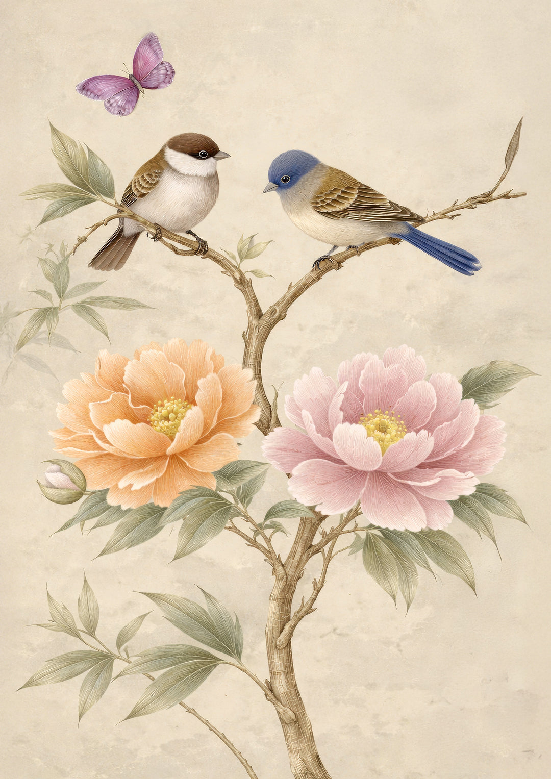 Bird and Peony Wall Art Prints Set of 2