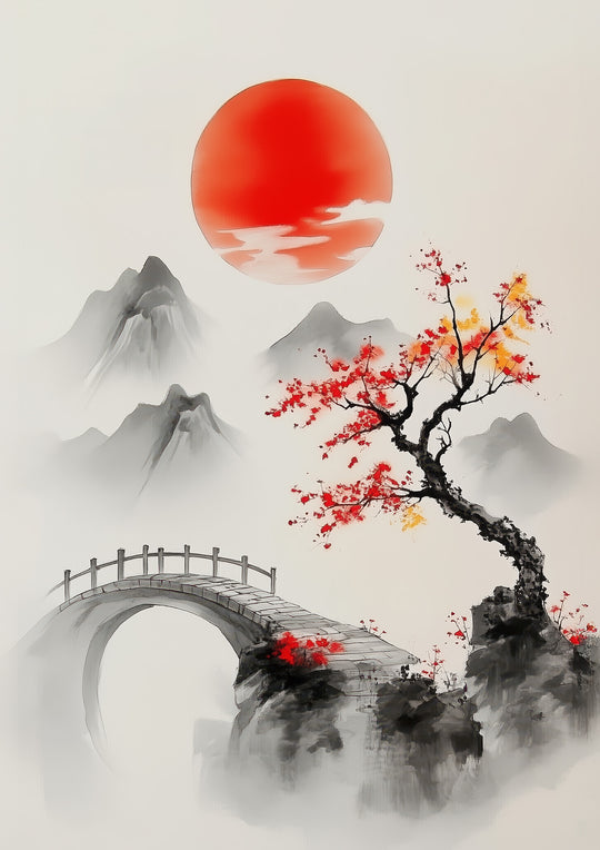 Red Sun Asian Landscape Wall Art Print