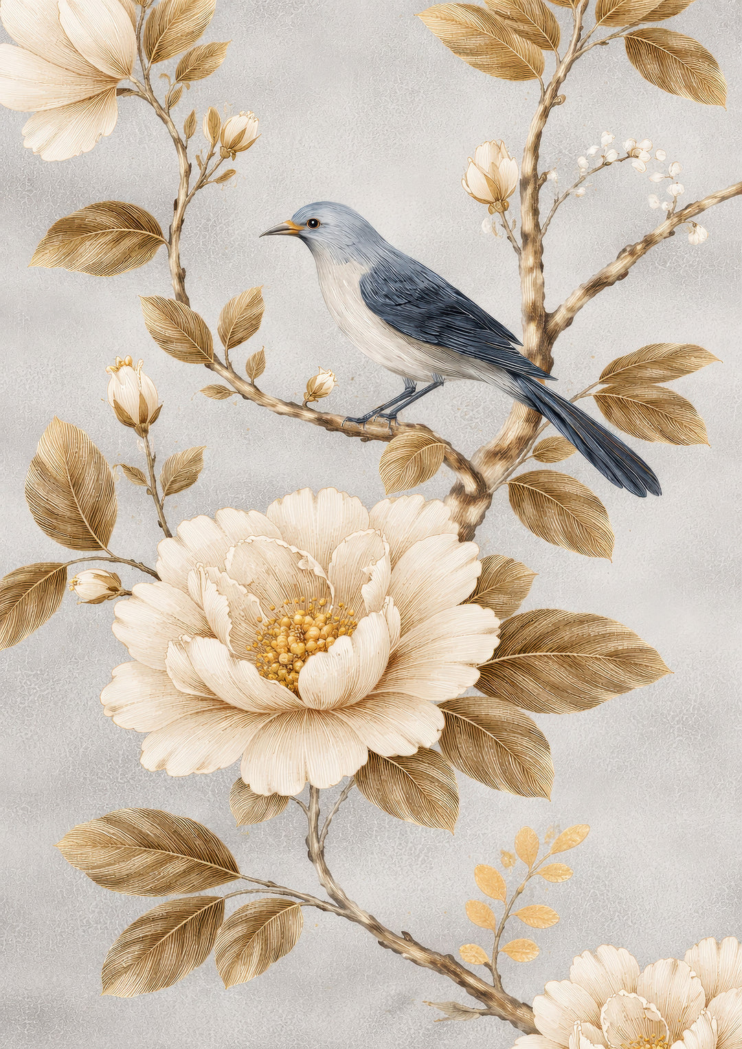 Blue Bird and Peony Wall Art Prints Set of 2