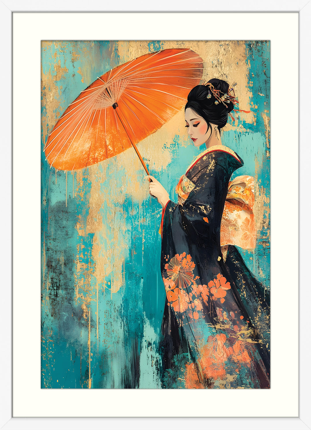Geisha with Parasol on Teal Texture