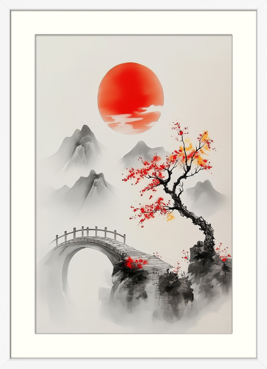 Red Sun Asian Landscape Wall Art Print