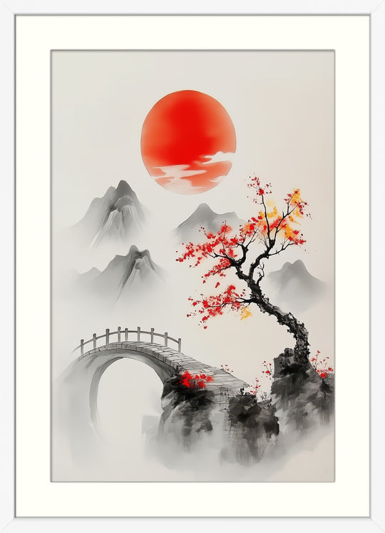Red Sun Asian Landscape Wall Art Print